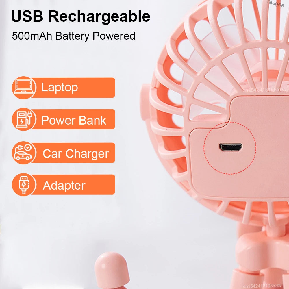 Home Sweet Home portable mini clip fan with USB recharge, 360° flexible tripod, compact and adjustable for personal cooling.