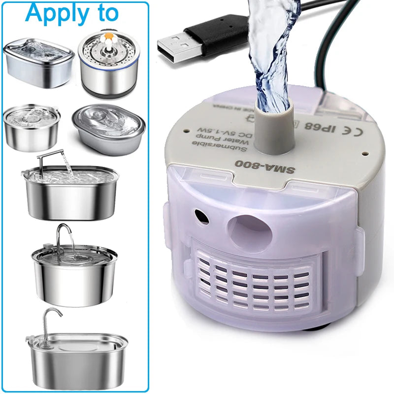 Home Sweet Home cat water fountain replacement pump with cleaning brush, USB silent motor for quiet operation and easy maintenance.