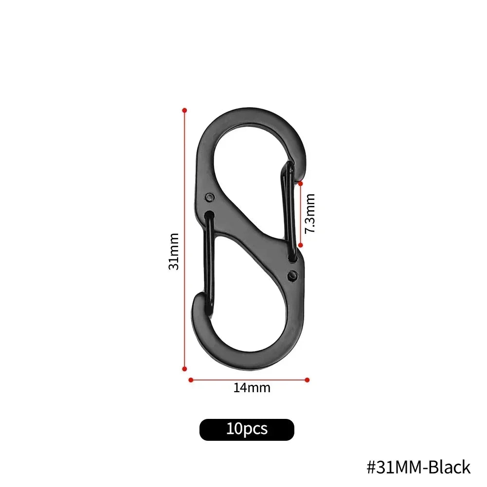 Set of ten stainless steel S-type carabiner clips by Home Sweet Home, showcasing durable metal clips with spring-loaded gates.