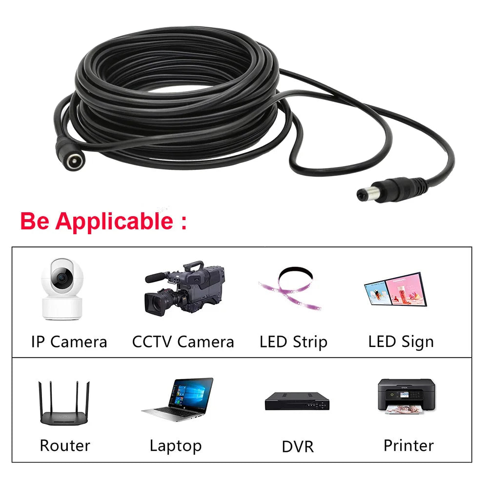 DC 12V Power Extension Cable – 5.5mm x 2.1mm Male to Female Connector (5m / 10m)