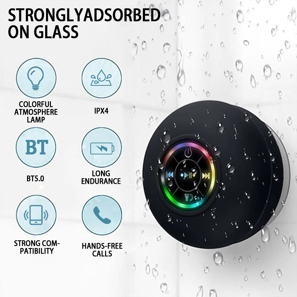 Portable Bluetooth Speaker with LED Light & Suction Cup — IPX4 Waterproof
