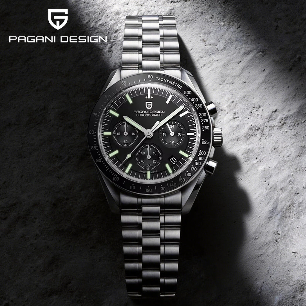 PAGANI DESIGN Moonwatch chronograph watch with black dial, stainless steel band, and multiple subdials for timekeeping.