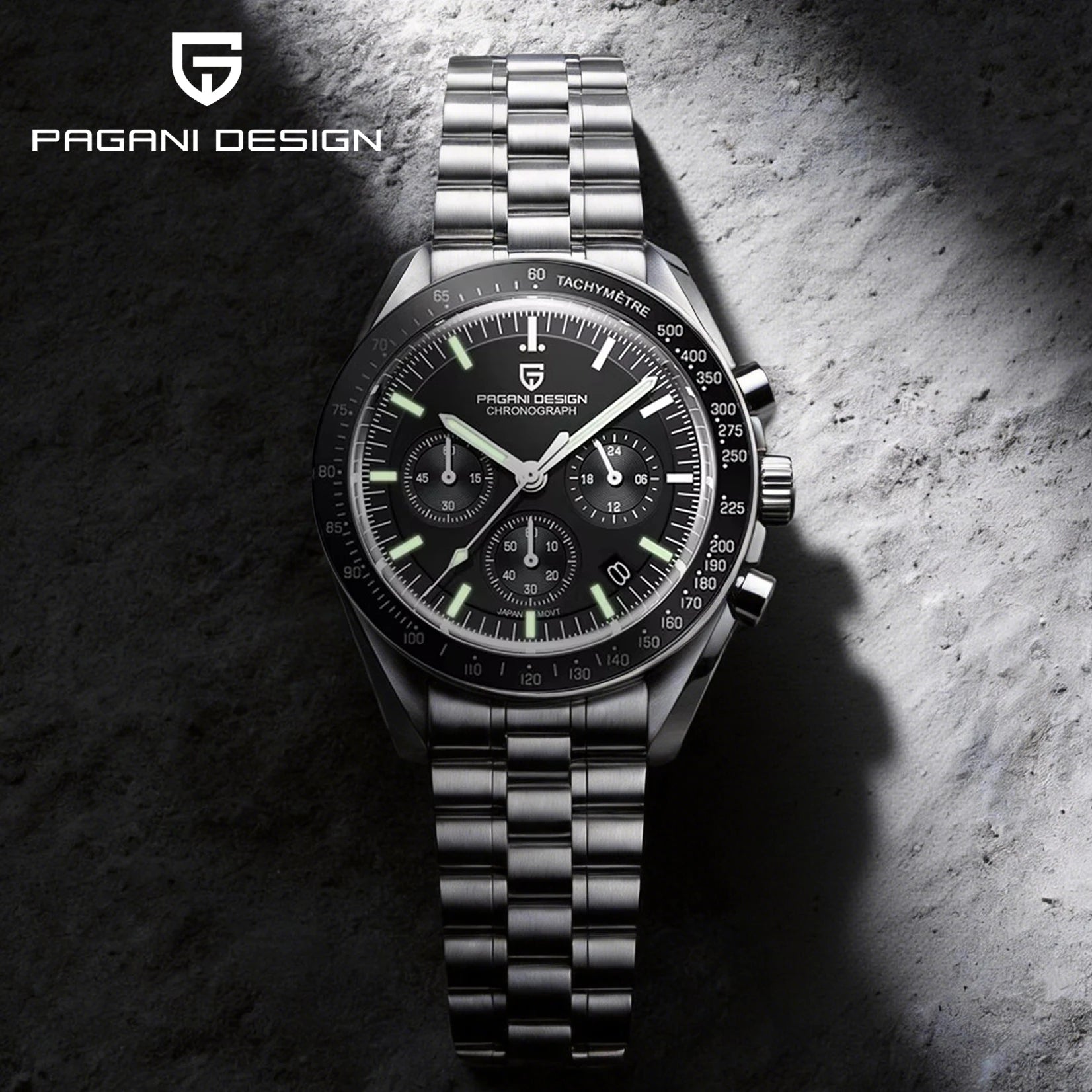 PAGANI DESIGN Moonwatch chronograph watch with black dial, stainless steel band, and multiple subdials for timekeeping.
