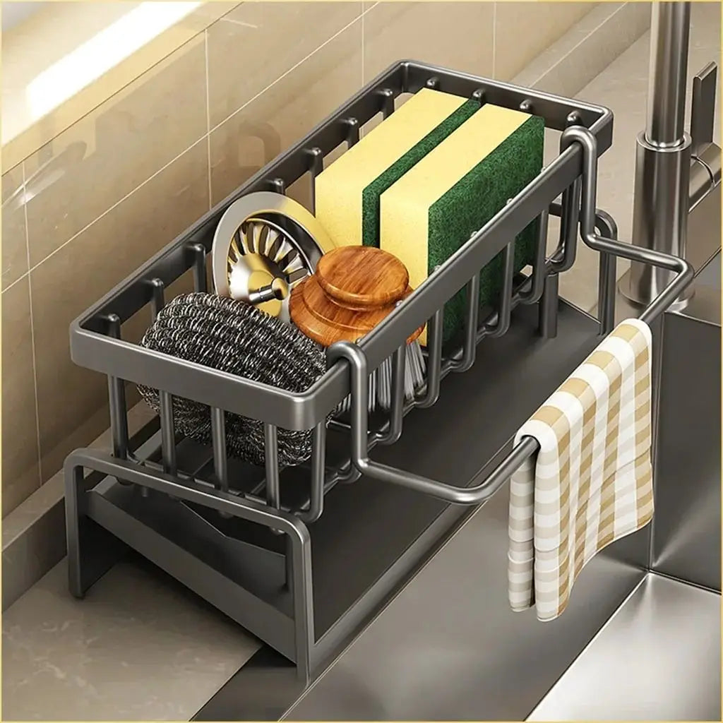 Kitchen Sink Drain Rack & Storage Shelf – No-Drill ABS Organiser with Towel Bar & Drip Tray