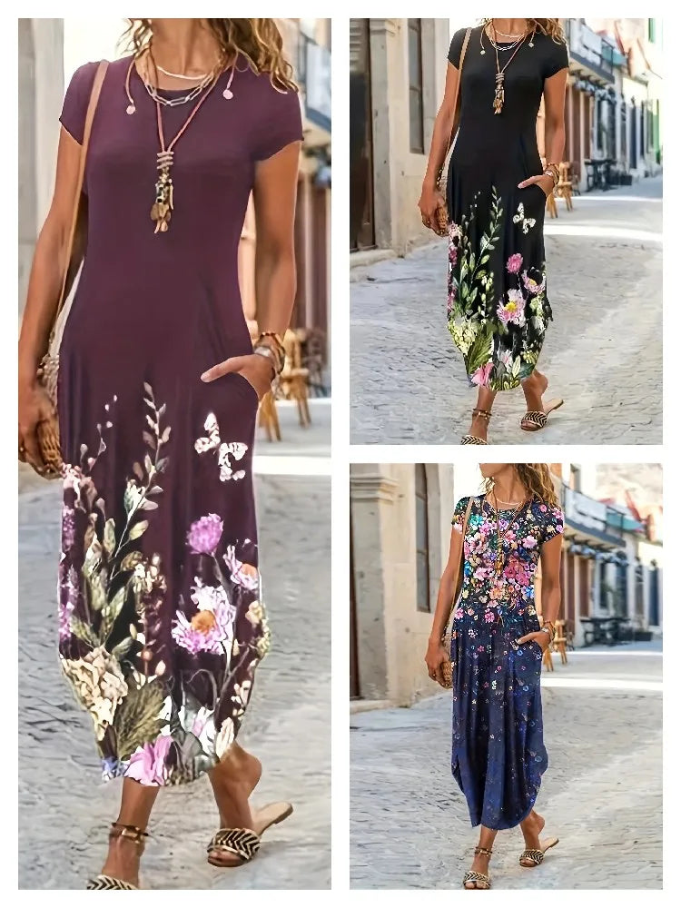 Women’s Printed Pocket Midi Dress — Loose Fit, Short Sleeve, Summer Casual