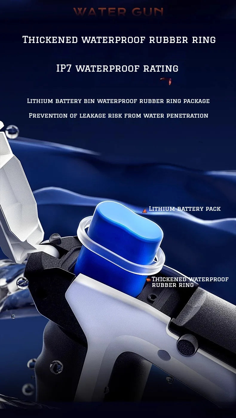 Home Sweet Home electric water gun, high-pressure automatic soaker for kids and adults, showing the sleek blue and white design.