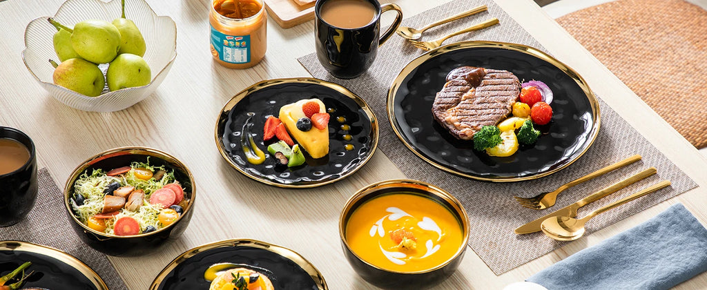 LOVECASA Black Porcelain Dinnerware Set with Gold Trim – 16 & 32 Piece