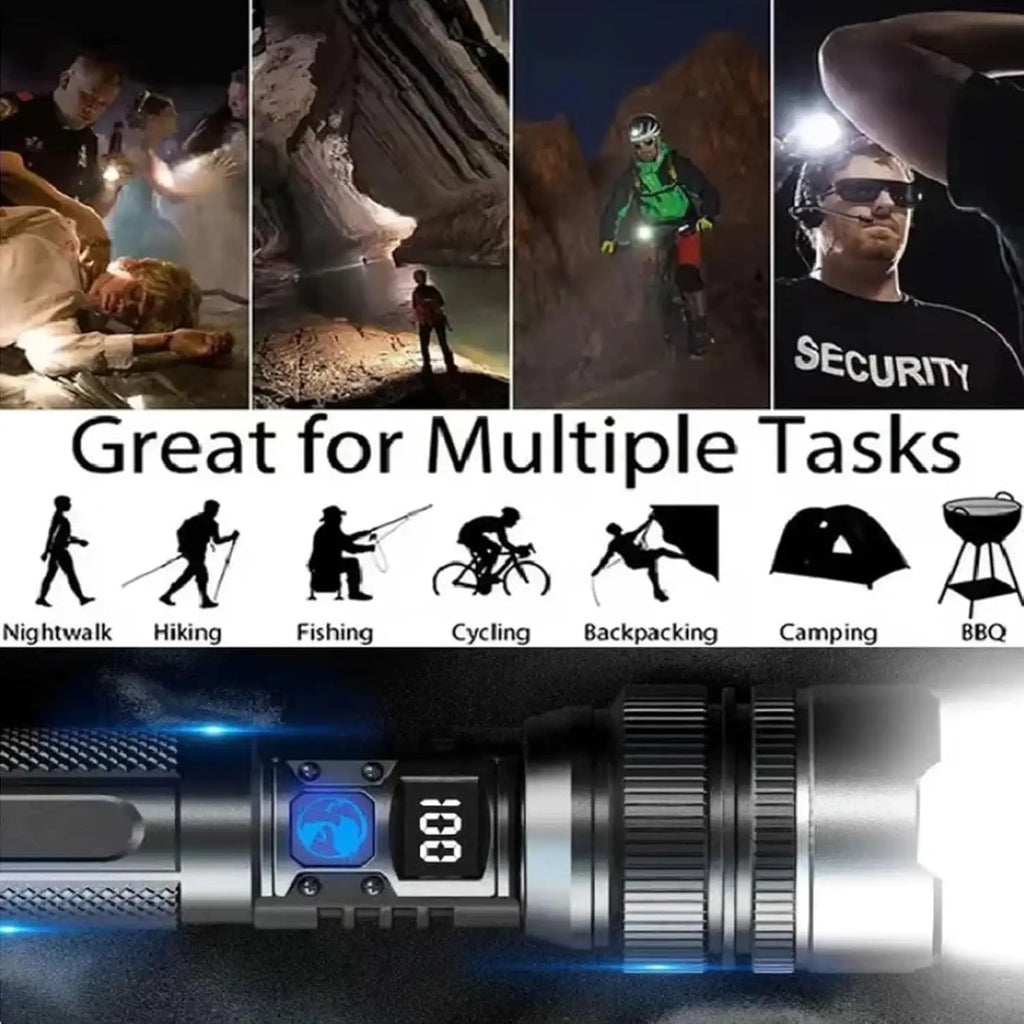 Super Bright Rechargeable LED Torch – Zoomable, Waterproof & Digital Display