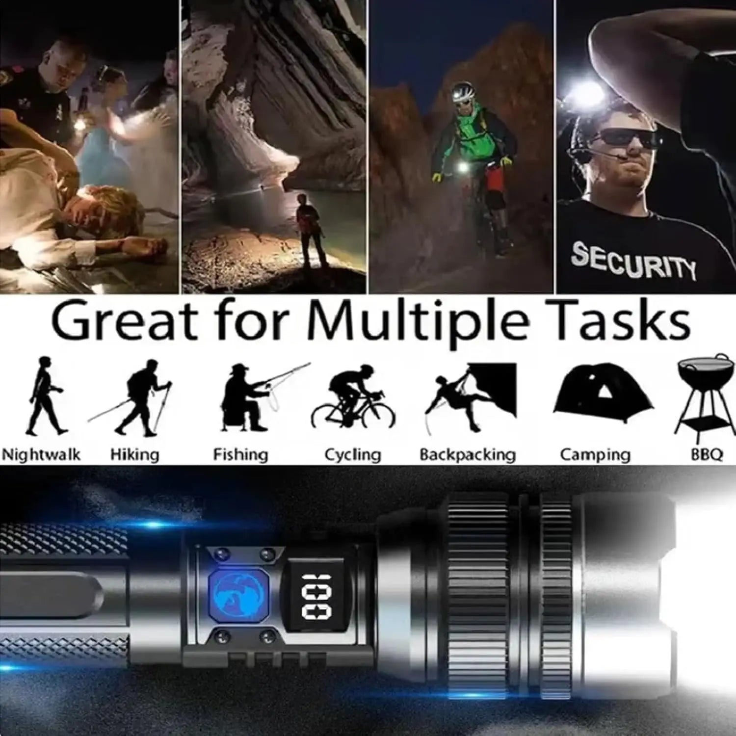 Super Bright Rechargeable LED Torch – Zoomable, Waterproof & Digital Display