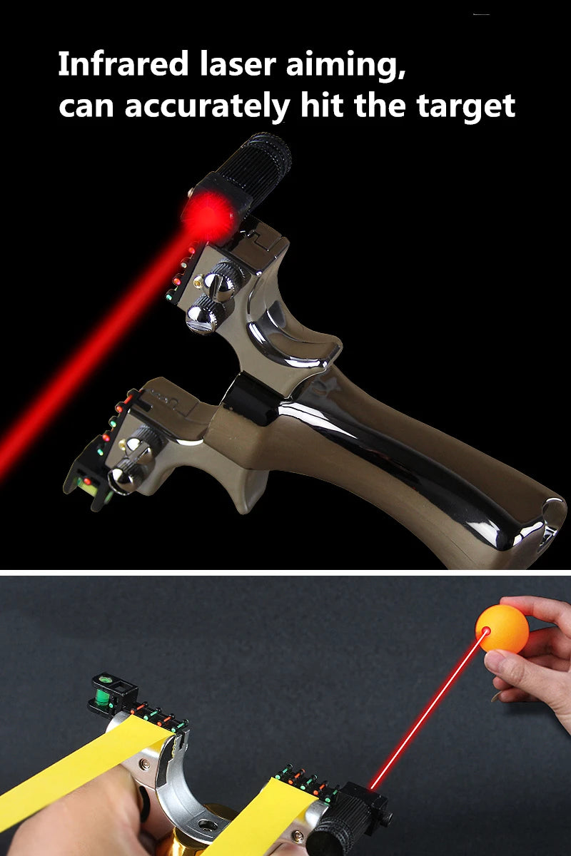 Home Sweet Home laser slingshot with LED light, precision aiming, and ergonomic handle, displayed with the slingshot ready to shoot.