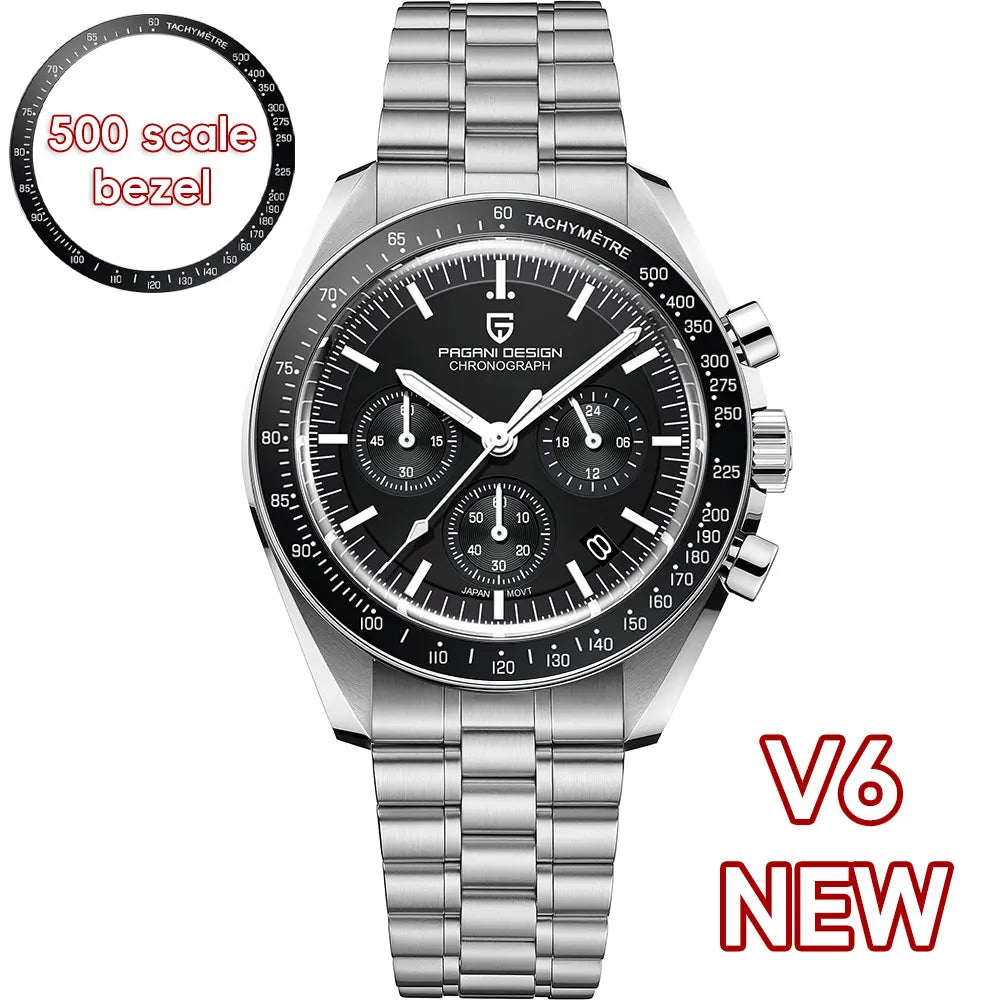 Home Sweet Home PAGANI DESIGN Moonwatch Chronograph Watch with black dial, stainless steel case, and multiple subdials.