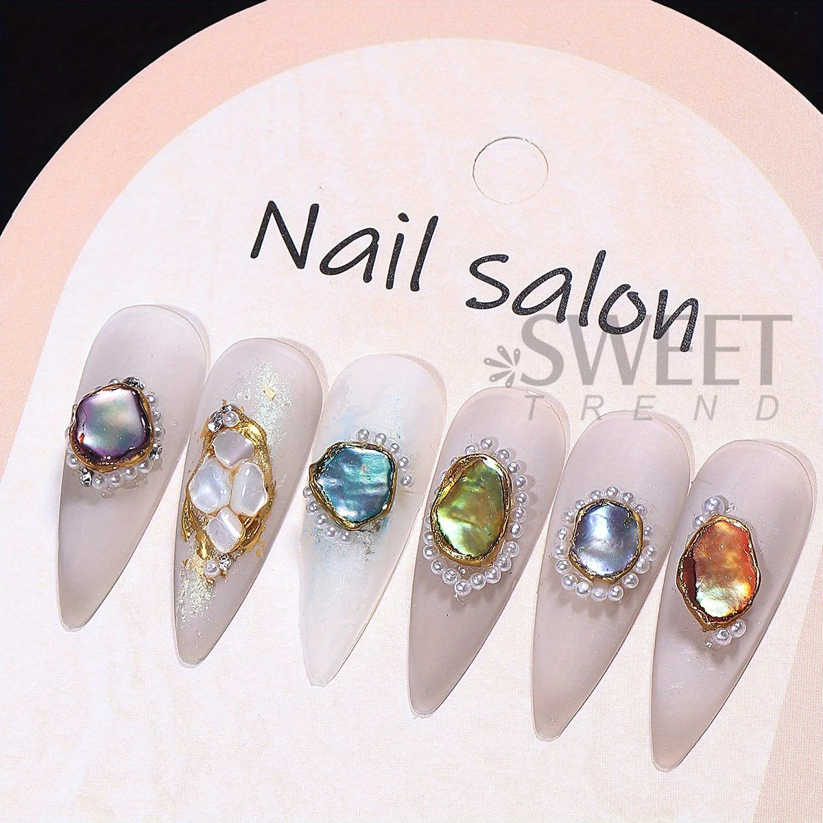 Aurora Abalone shell nail art decoration set with six-grid pearl gemstones, perfect for DIY nail designs and embellishments.