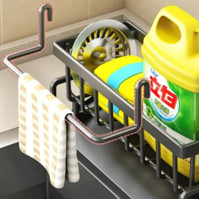 Kitchen Sink Drain Rack & Storage Shelf – No-Drill ABS Organiser with Towel Bar & Drip Tray
