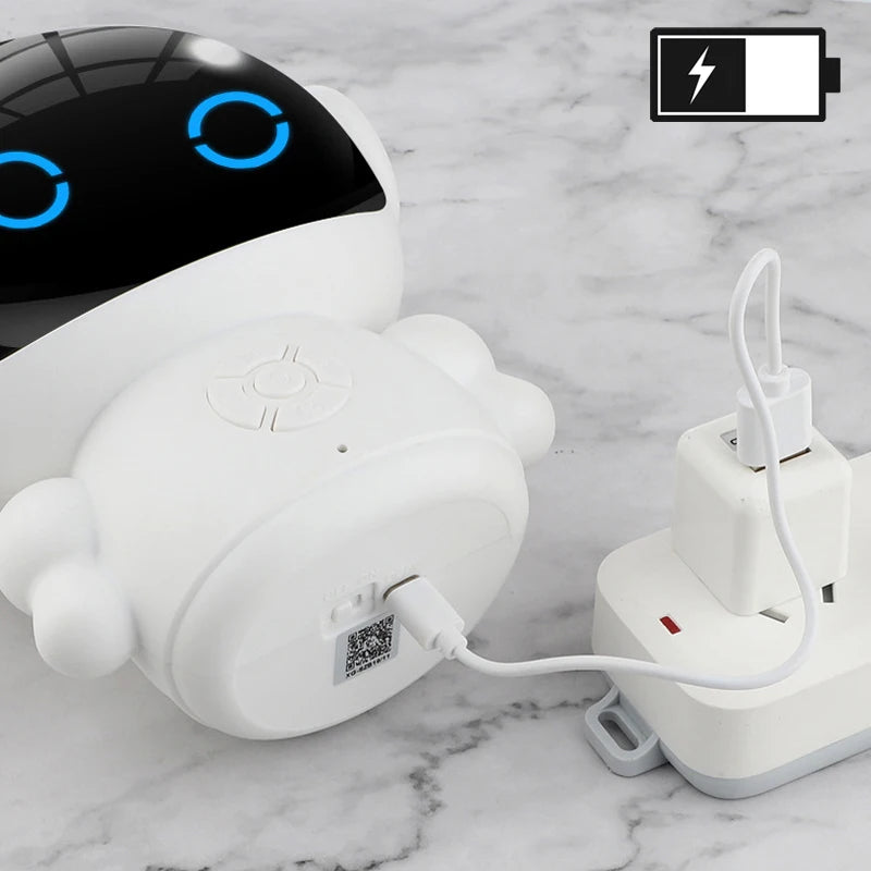 Home Sweet Home Smart AI Robot, voice interactive educational toy with ChatGPT and 61 languages, shown with screen and buttons.