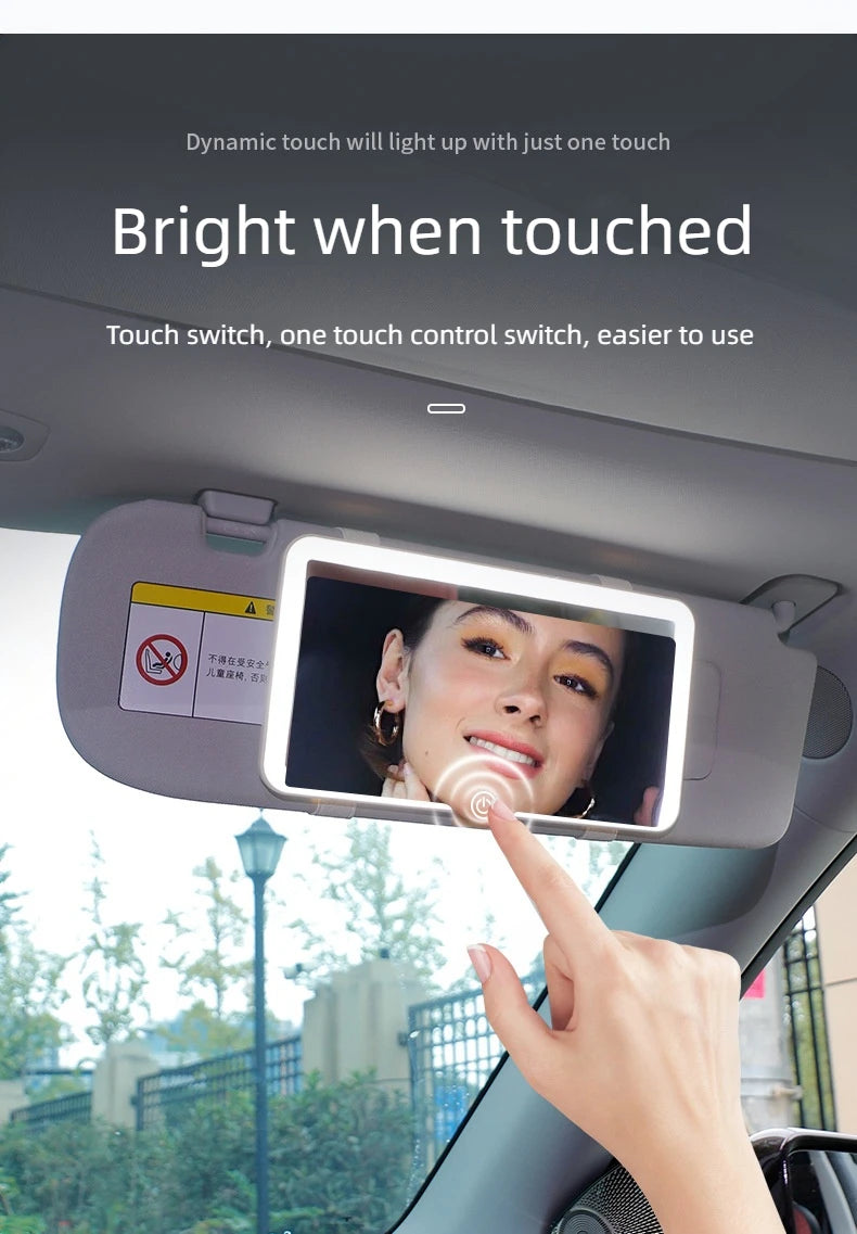 LED rechargeable car sun visor vanity mirror with built-in light, compact and easy to install for convenient makeup and grooming on the go.