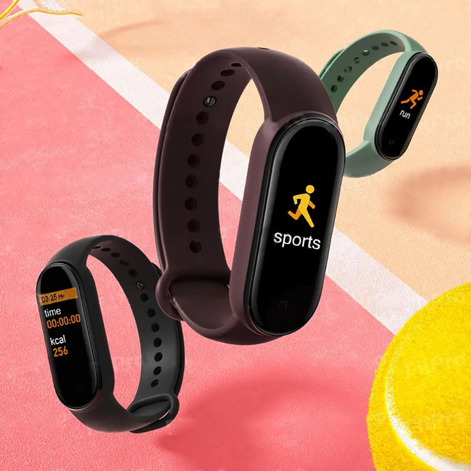Smart fitness bracelet by Home Sweet Home with black band and digital display, tracking activity and health metrics.