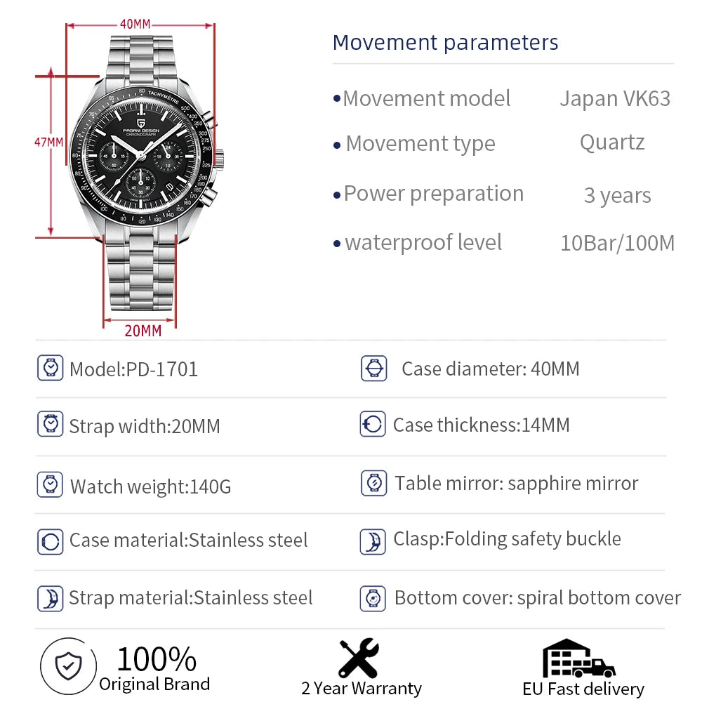 Home Sweet Home Pagani Design Moonwatch chronograph watch with black dial and stainless steel band, close-up view of the timepiece