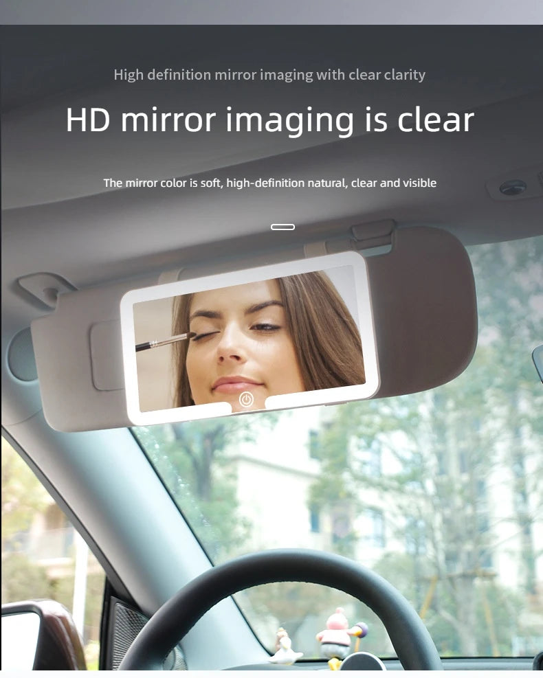 LED rechargeable car sun visor vanity mirror with built-in LED lights, easy to install and perfect for on-the-go makeup application.