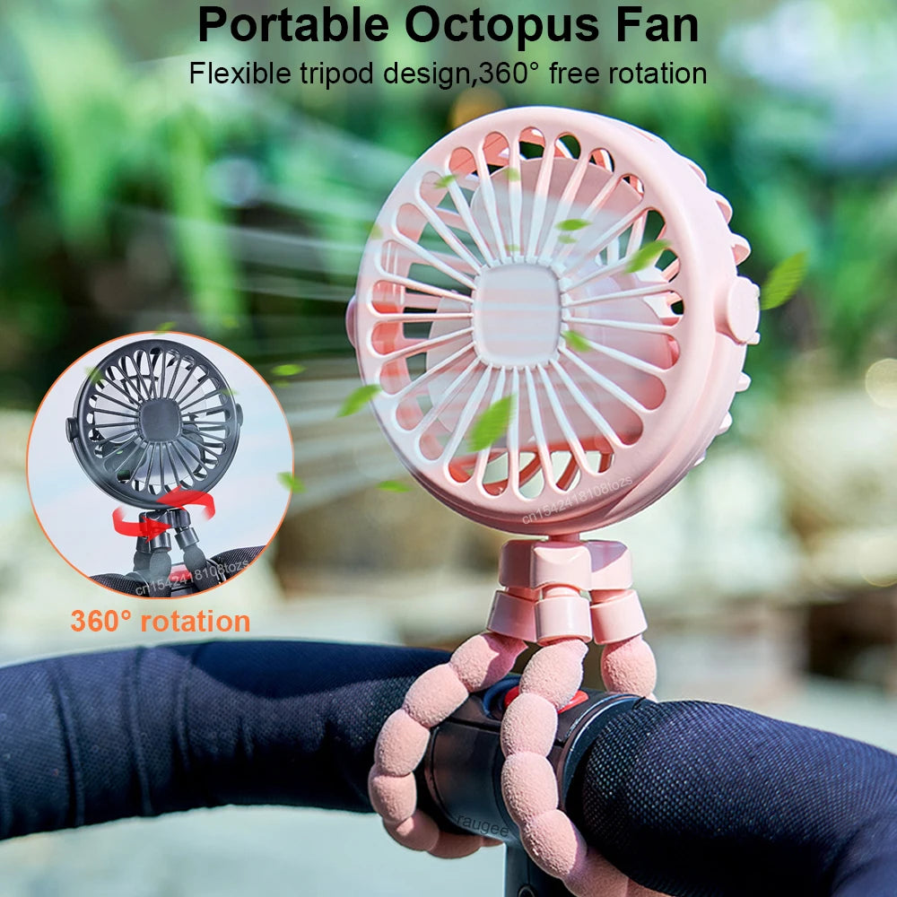 Home Sweet Home portable mini clip fan with USB rechargeable power and 360° flexible tripod for versatile cooling.