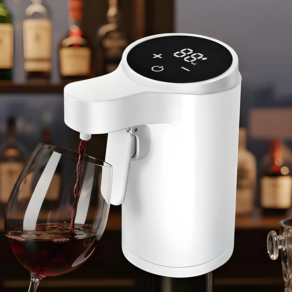 Home Sweet Home electric wine aerator and dispenser with touch screen, featuring four pouring modes for easy wine serving.