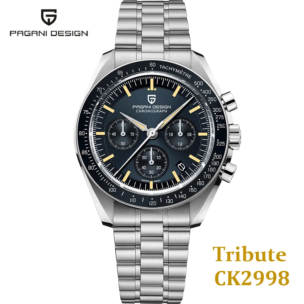 PAGANI DESIGN Moonwatch Chronograph Watch with black dial, stainless steel case, and multiple subdials showing time and stopwatch features.