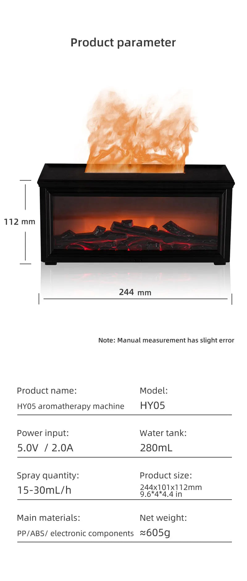 Home Sweet Home Flame aromatherapy diffuser and humidifier, sleek design with glowing flame feature and mist outlet for relaxing ambiance