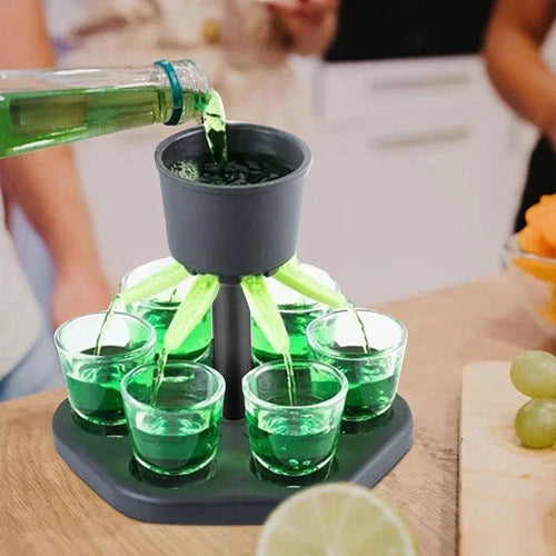 Home Sweet Home 6-Way Shot Glass Dispenser for party drinking games, featuring a colorful bar set with shot glasses and dispenser.