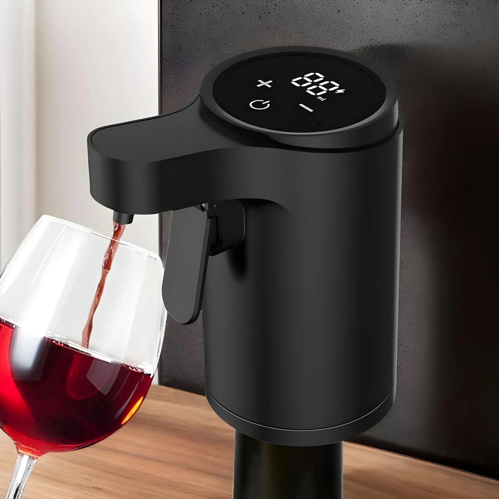 Home Sweet Home electric wine aerator and dispenser with touch screen, showing four pouring modes for smooth wine serving.