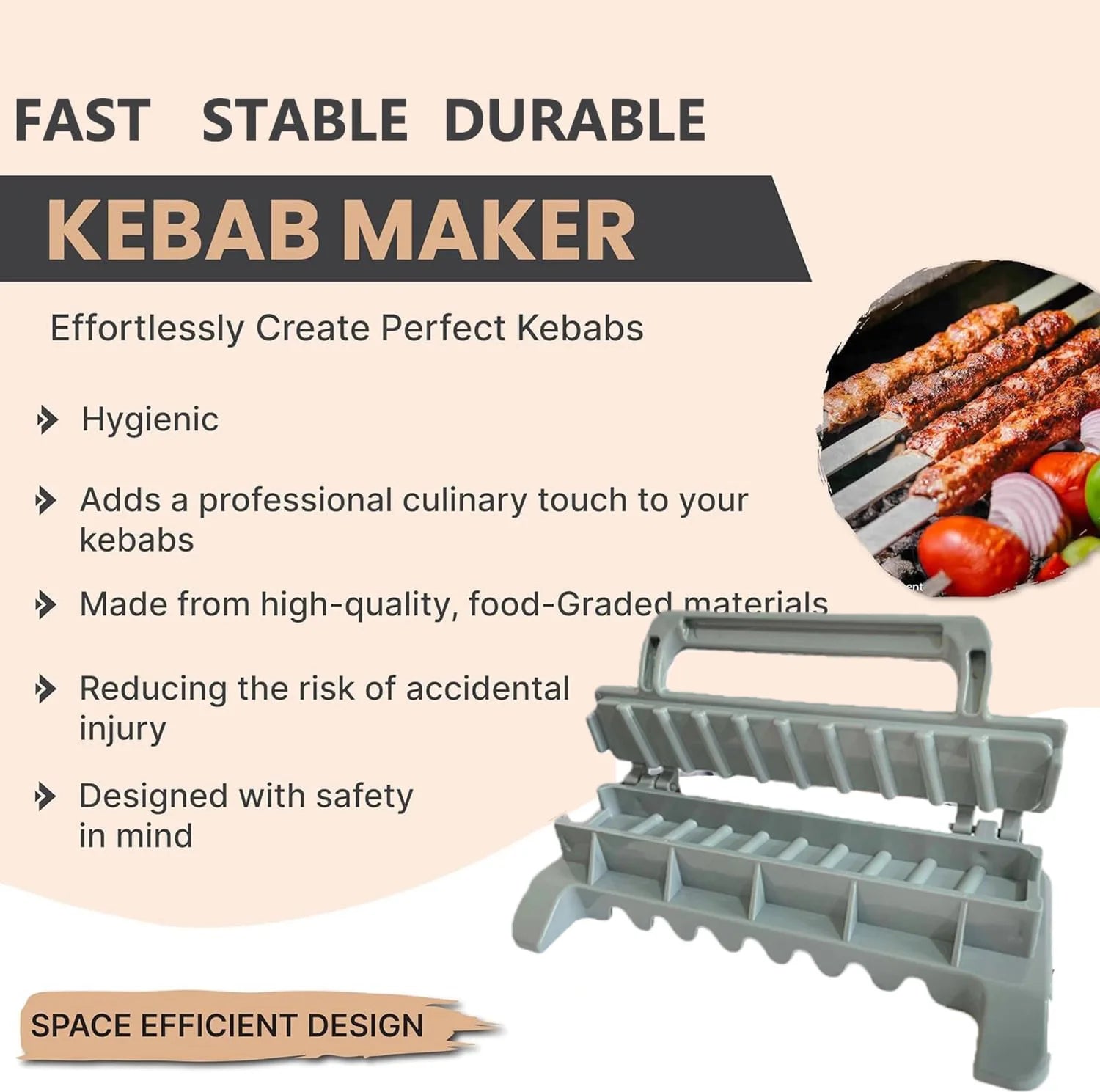 Reusable BBQ kebab skewer maker from Home Sweet Home, showing the meat skewer press machine for perfect kebabs.
