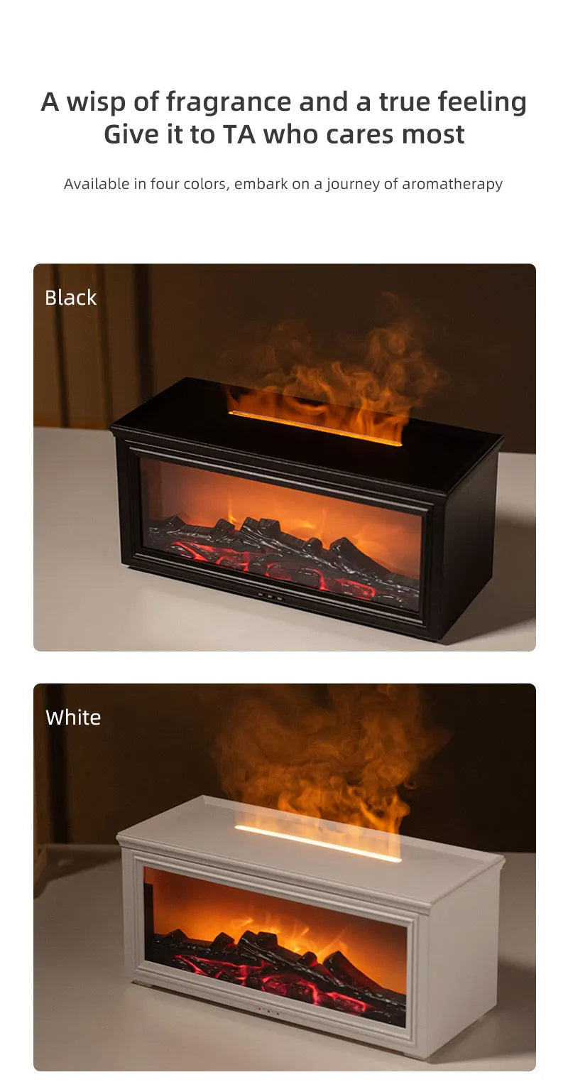 Home Sweet Home Flame aromatherapy diffuser and humidifier in sleek white with glowing flame design and adjustable mist settings.