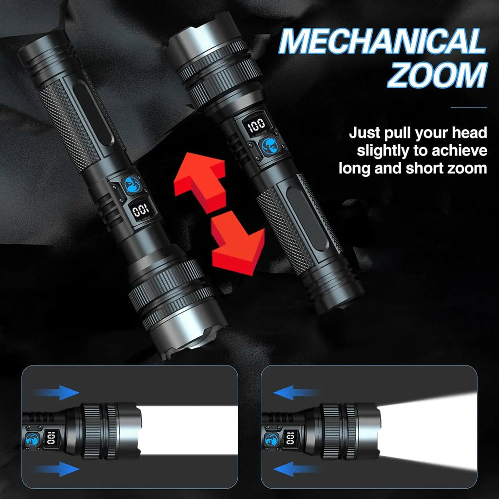 Super Bright Rechargeable LED Torch – Zoomable, Waterproof & Digital Display