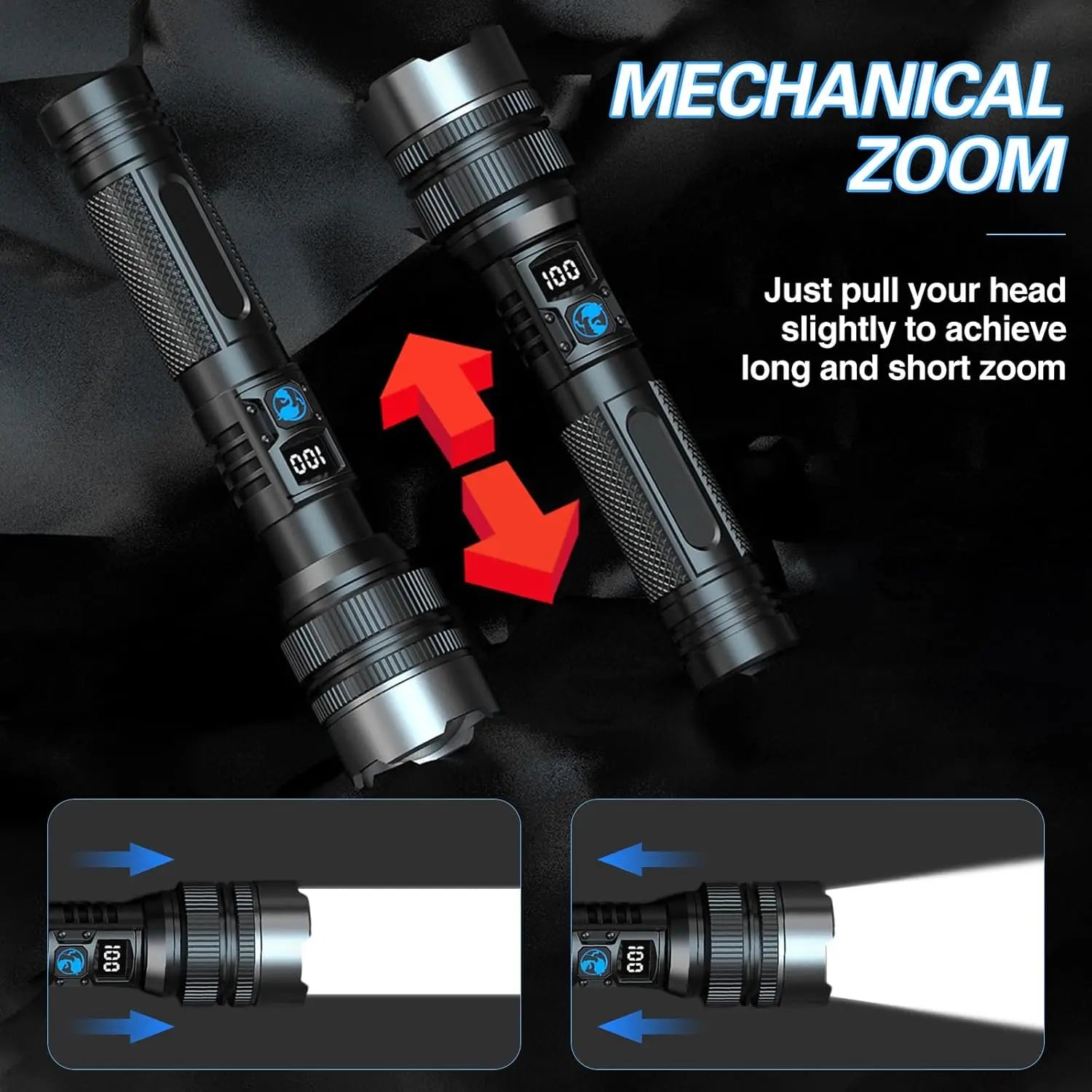 Super Bright Rechargeable LED Torch – Zoomable, Waterproof & Digital Display
