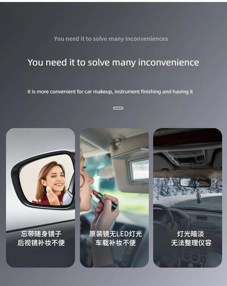 LED rechargeable car sun visor vanity mirror with built-in light, compact and easy to install for on-the-go grooming.