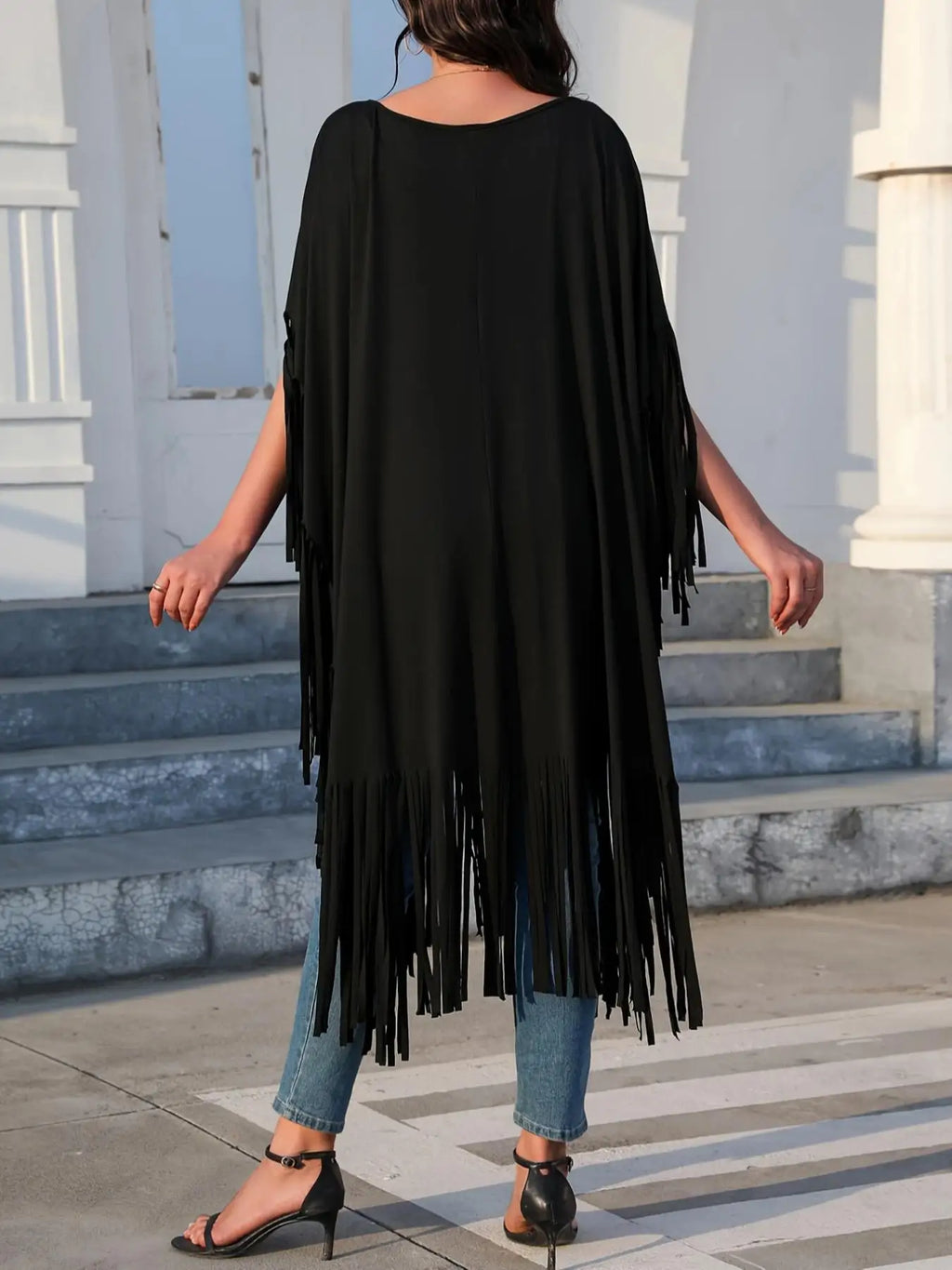 Plus Size Tassel Batwing Sleeve Longline Top