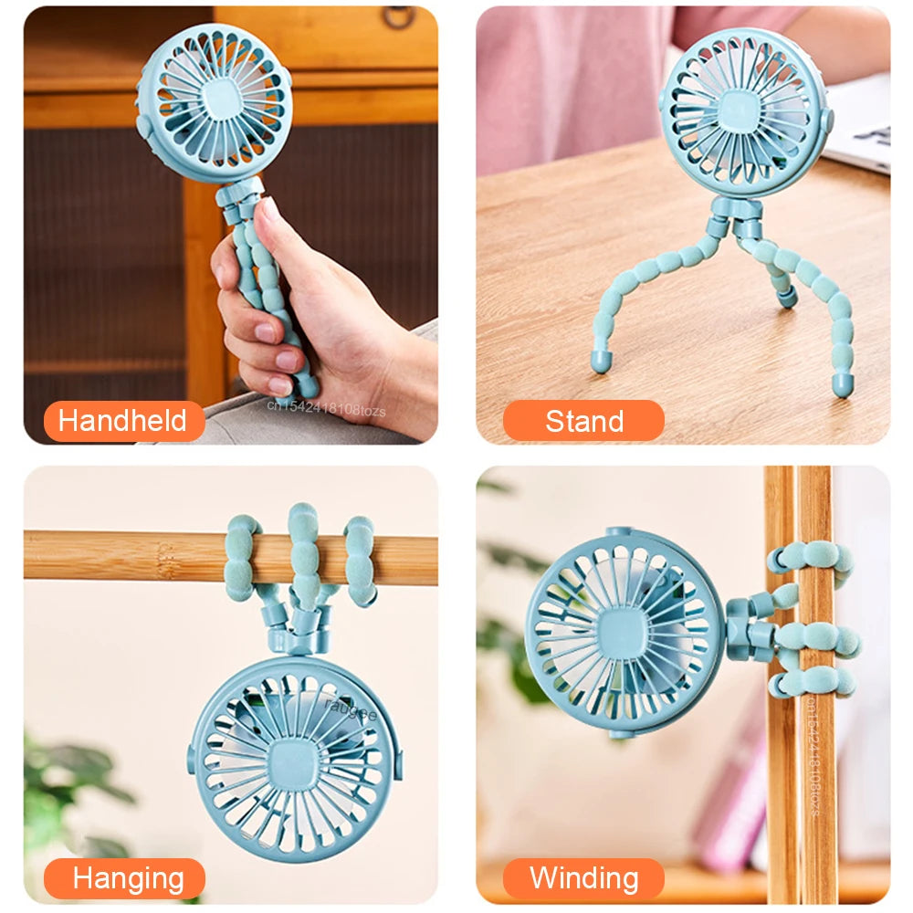 Home Sweet Home portable mini clip fan with USB recharge, 360° flexible tripod, compact design, ideal for personal cooling.
