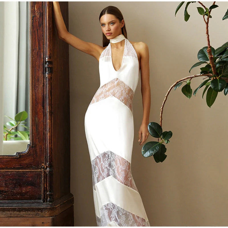 Elegant Lace Halter Maxi Dress – Backless Mermaid Evening Gown