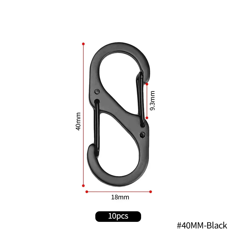 Set of 10 stainless steel S-type carabiner clips from Home Sweet Home, showing their durable metal construction and secure locking gate.