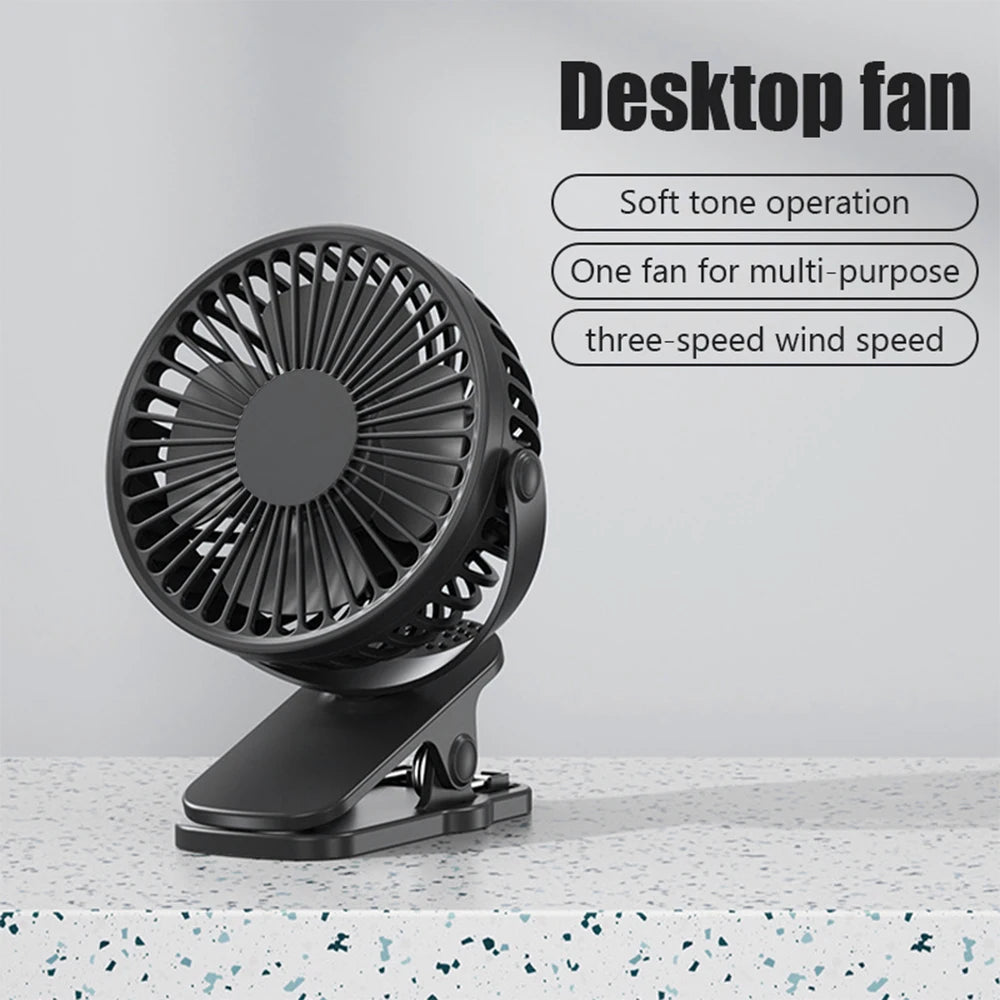 Home Sweet Home portable clip-on mini fan attached to a desk, showing its compact design and adjustable clip feature.