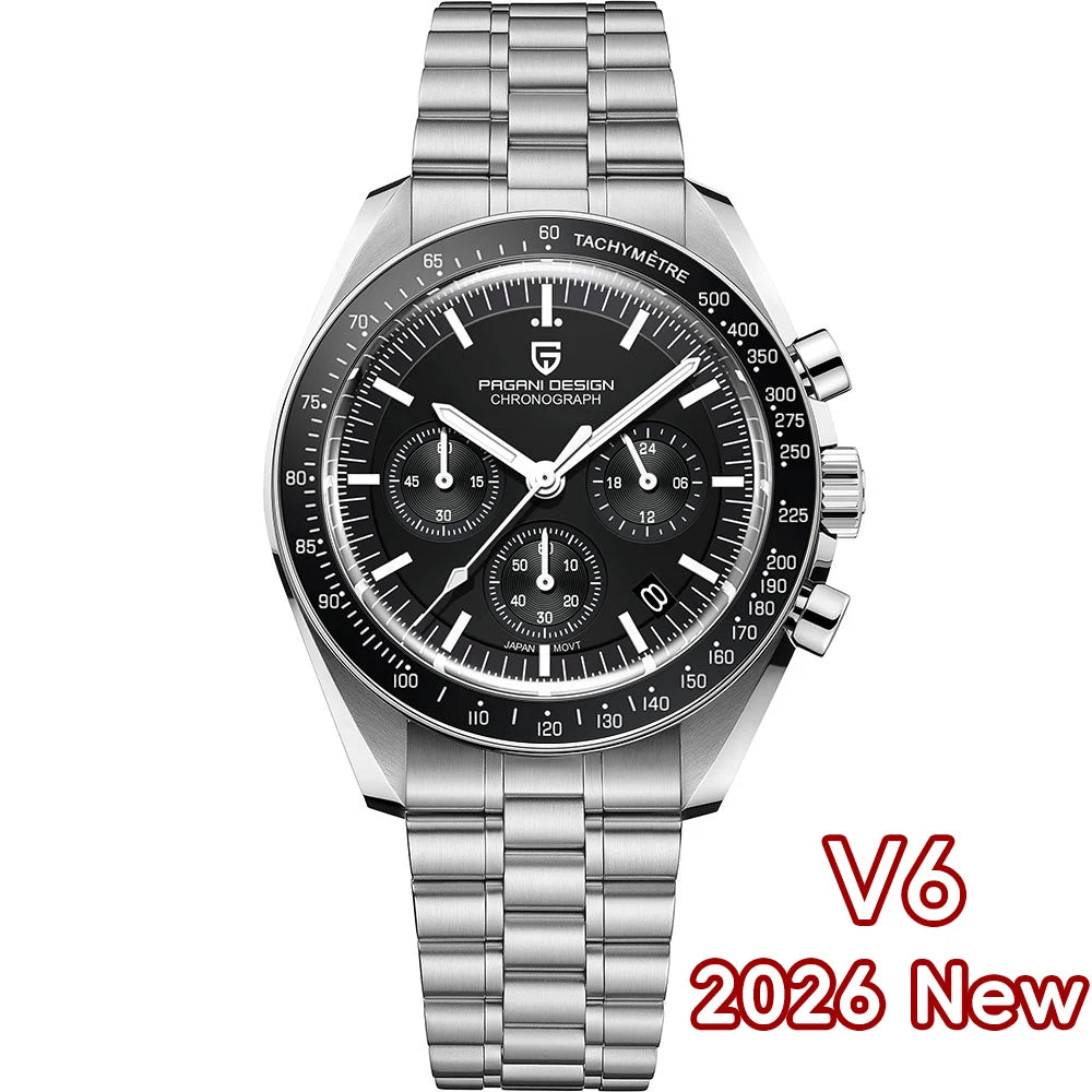 Home Sweet Home PAGANI DESIGN Moonwatch Chronograph Watch with black dial and stainless steel strap on a white background