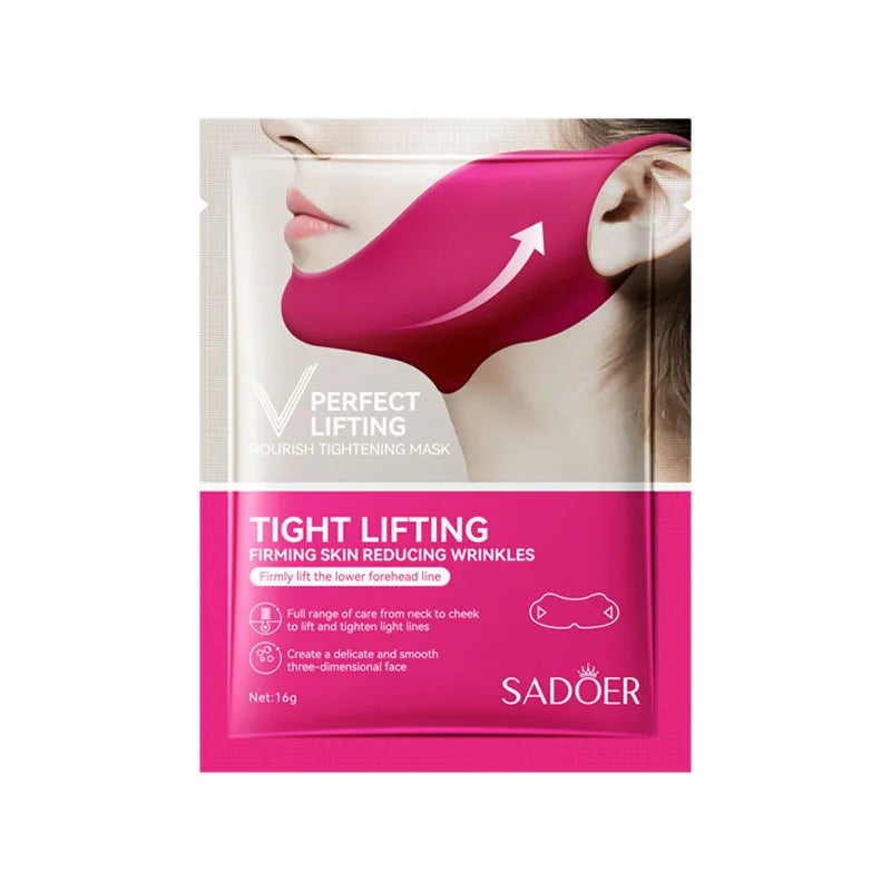 Home Sweet Home V-shape firming face mask shown on a model's face, designed to contour and tighten facial skin.