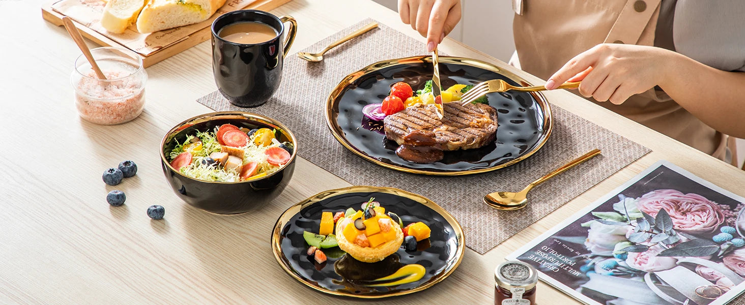 LOVECASA Black Porcelain Dinnerware Set with Gold Trim – 16 & 32 Piece