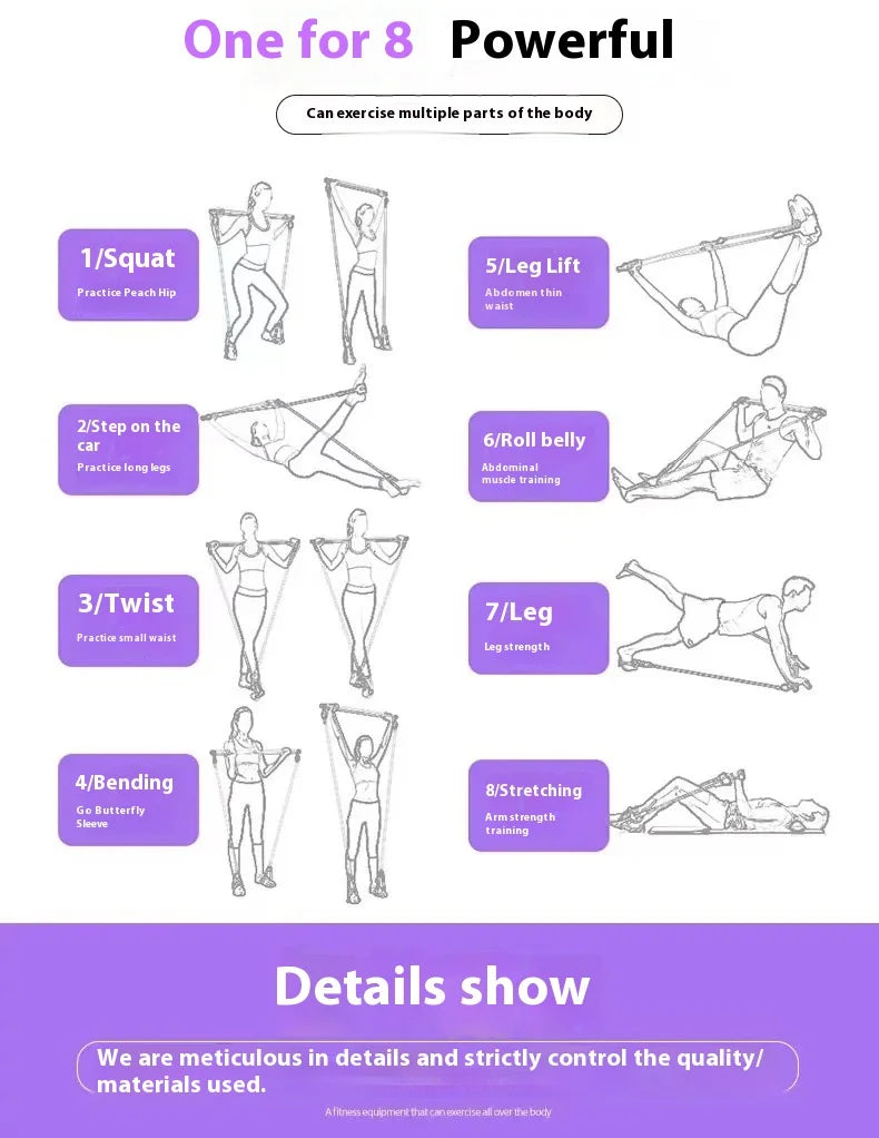 Home Sweet Home Pilates Stick Fitness Bar with adjustable length and elastic resistance bands for full-body exercise and strength training.