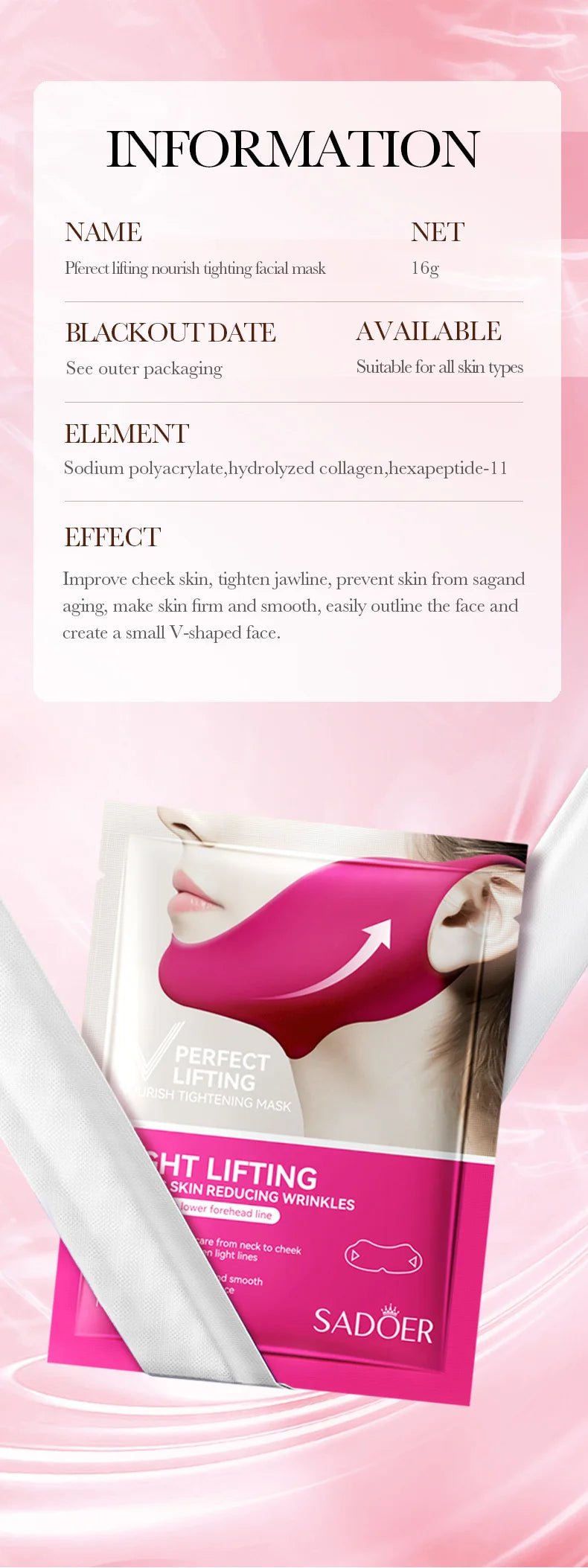 Home Sweet Home V-Shape Firming Face Mask shown on a model's face, highlighting its contoured design for facial firming and lifting.