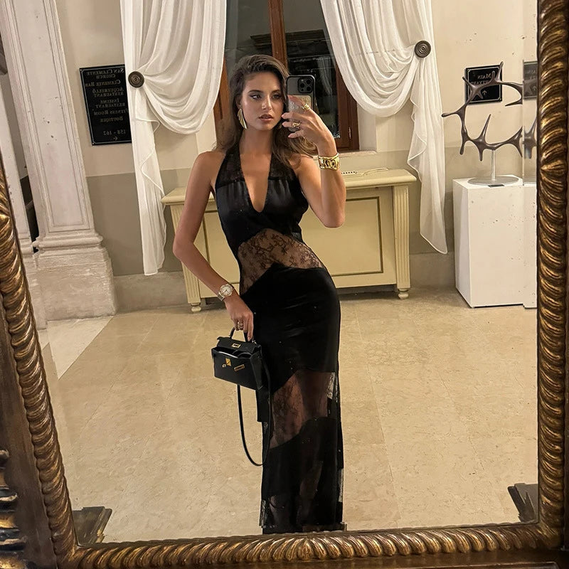 Elegant Lace Halter Maxi Dress – Backless Mermaid Evening Gown