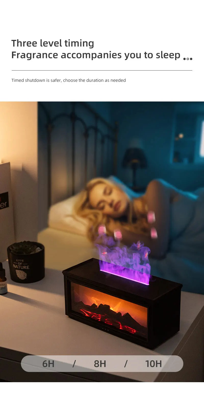 Home Sweet Home Flame Aromatherapy Diffuser and Humidifier emitting a soft glow with mist, showcasing its elegant design and warm light.