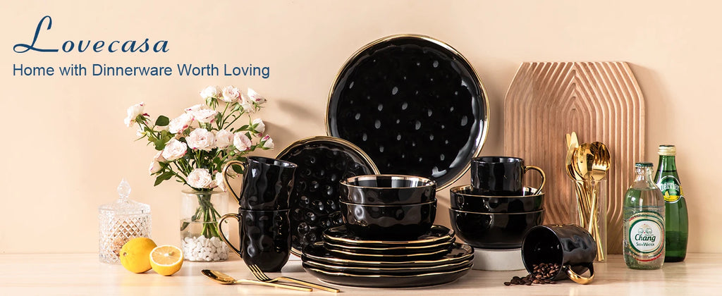 LOVECASA Black Porcelain Dinnerware Set with Gold Trim – 16 & 32 Piece