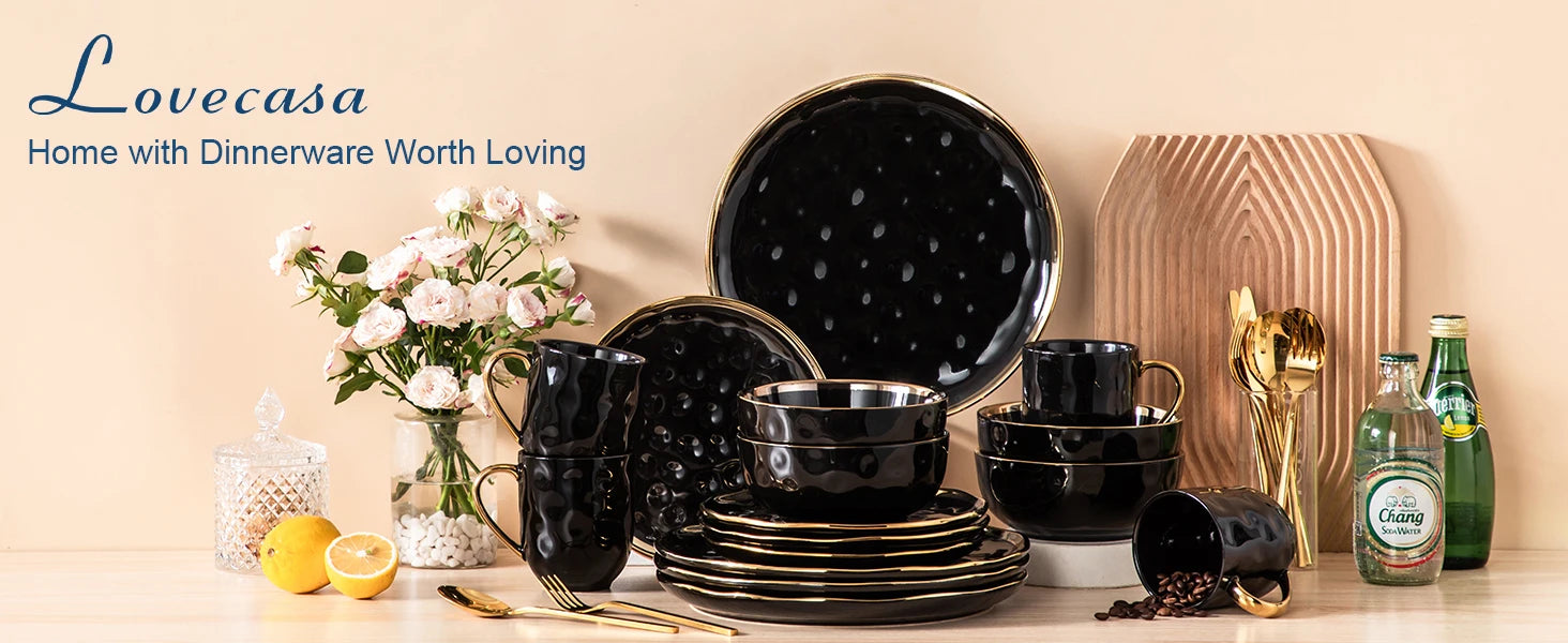 LOVECASA Black Porcelain Dinnerware Set with Gold Trim – 16 & 32 Piece