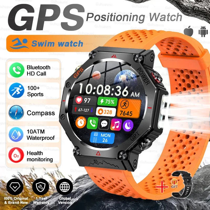 Military Grade GPS Smart Watch – IP69K/10ATM Waterproof AMOLED, 100+ Sports Modes, HD Bluetooth Calls