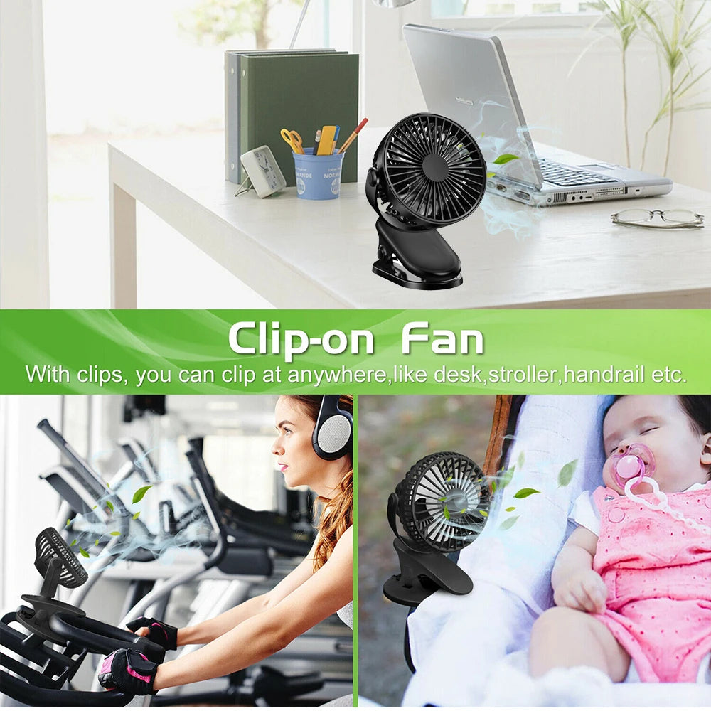 Home Sweet Home portable clip-on mini fan attached to a desk, showing adjustable blades and compact design for personal cooling.