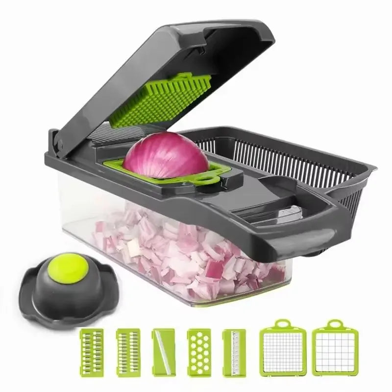 Home Sweet Home multifunctional vegetable chopper with stainless steel blades and colorful plastic container for easy chopping and storage.